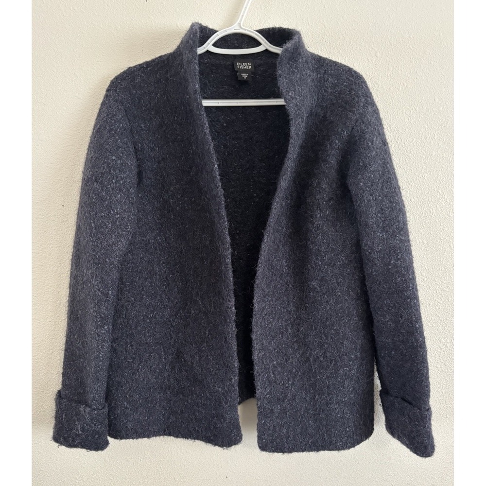 Eileen Fisher Women M Charcoal Alpaca Wool Silk Open Front Cardigan Sweater